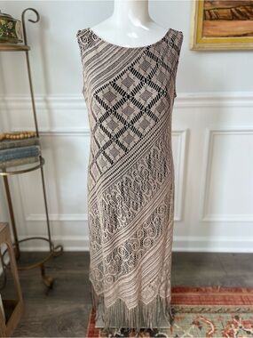 Sassy 90’s Neutral Beige Crochet Fringe Midi Dress